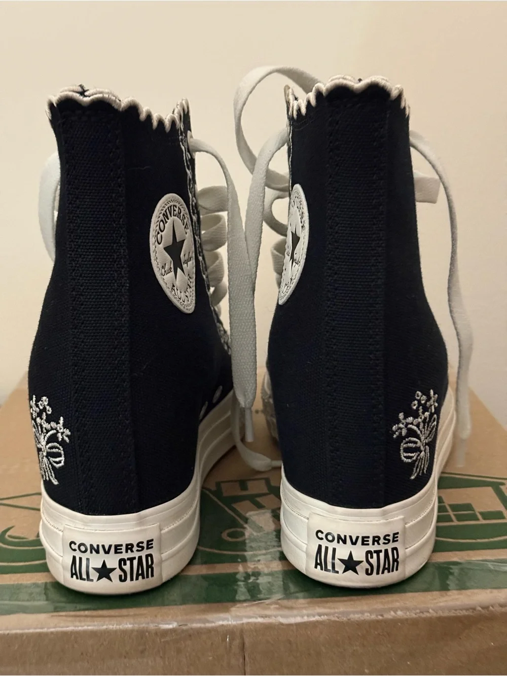 Black High-Top Canvas Sneakers with White Lace-Up and embroidery